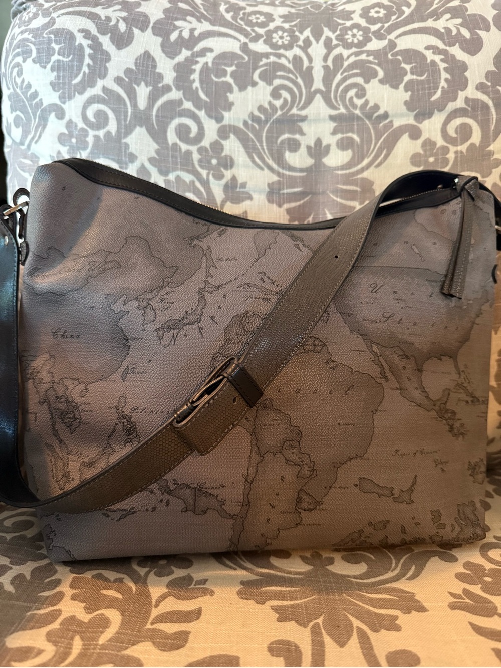 Alviero Martini Map Print Crossbody Hobo Shoulder Bag in Taupe and Dark Brown